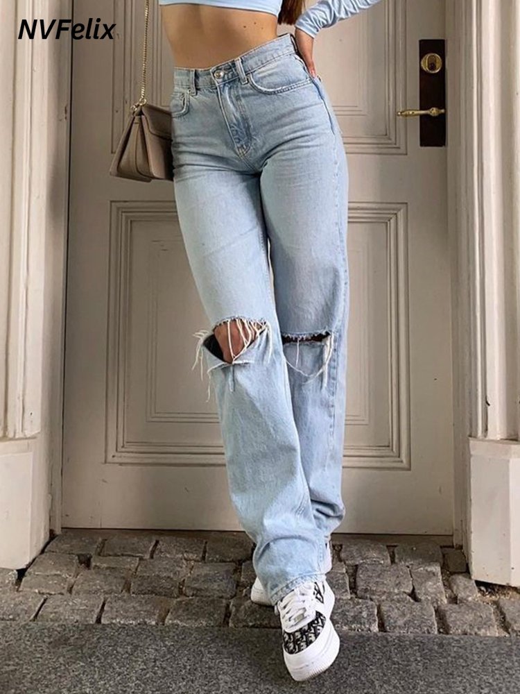 Womens Loose Fit Jeans 2022 Ripped Wide Leg For Women High Waist Blue Wash Casual Cotton Denim Trousers Summer Baggy Jean Pants 1