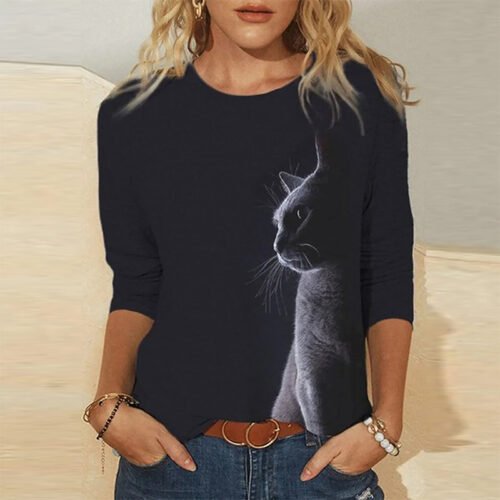 Summer Autumn Oversized Casual Women's Clothing Funny Cat 3D Print Long Sleeve T-Shirts Ladies Fashion Tops Vintage Tee Shirt 4