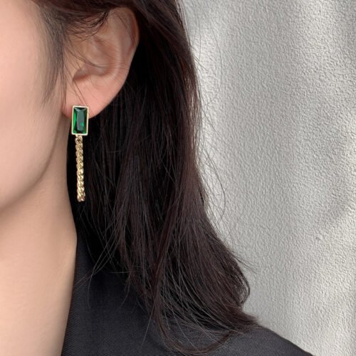 2021 New Classic Geometric Rectangle Green Crystal Stainless Steel Chain Tassel Earrings Girl's Unusual Accessories For Woman 3