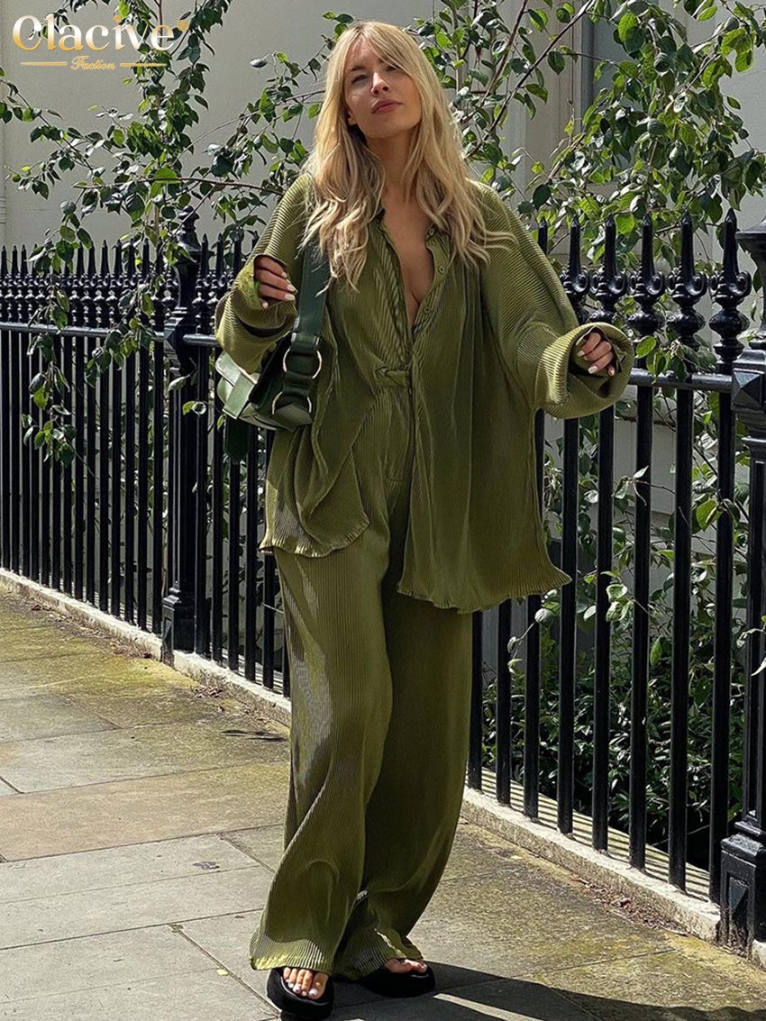 Clacive Elegant Green Pants Set Women Autumn Long Sleeve Blouses Matching Wide Trousers Suit Loose Shirts Two Piece Pant Set 2