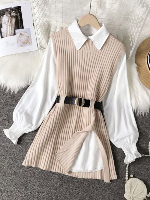 spring autumn women's lantern sleeve shirt knitted vest two piece sets of College style waistband vest two sets top UK900 4