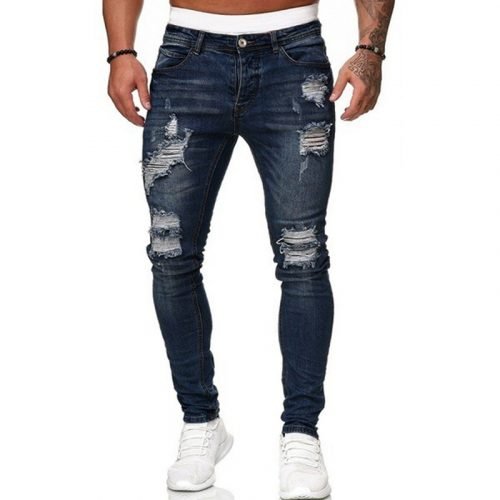 2022 Jeans Men Ripped Skinny Hole Trousers Stretch Slim Denim Pants Large Size Hip Hop Black Blue Casual Jogging Jeans for Men 6