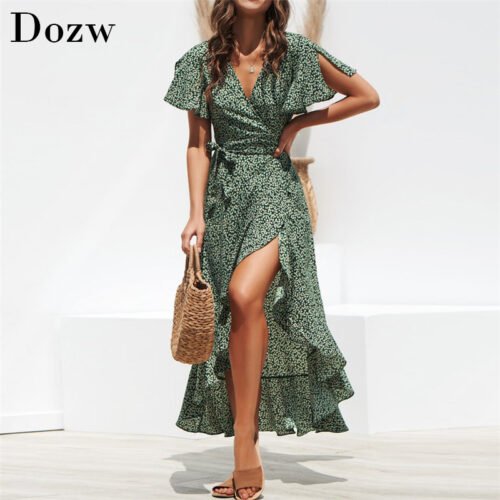 Summer Beach Maxi Dress Women Floral Print Boho Long Chiffon Dress Ruffles Wrap Casual V-Neck Split Sexy Party Dress Robe 1