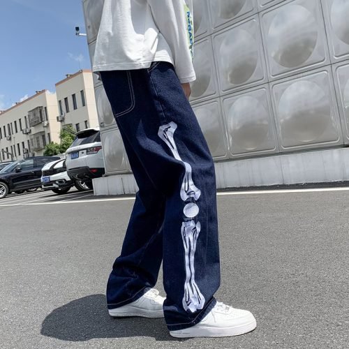 Straight Jean Pants Man Skeleton Embroidery  Mopping Trousers Mens Streetwear Denim Pants Men's Clothing Jeans for Men Man Baggy 6
