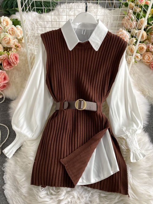 spring autumn women's lantern sleeve shirt knitted vest two piece sets of College style waistband vest two sets top UK900 3