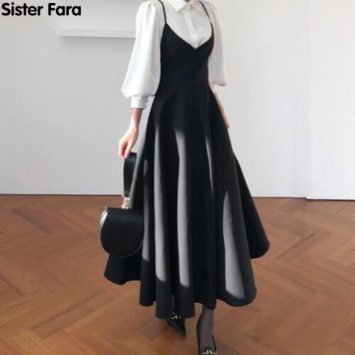 Sister Fara New Spring Dress 2022 Women Single Breasted Lantern Sleeve Shirt Set+Camisole Bow Pleated Solid Dresses 5