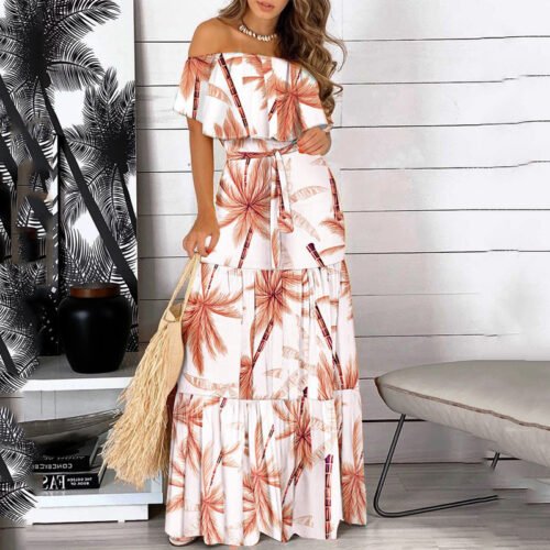 2021 New Fashion Leopard Robe Print Long Dress Ruffle Maxi Sundress Bohemian Women Summer Sexy Casual Elegant Strapless Vestidos 5