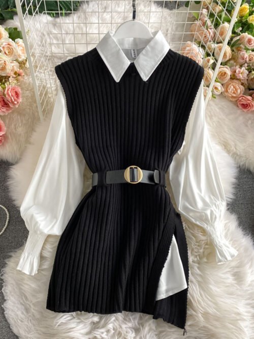 spring autumn women's lantern sleeve shirt knitted vest two piece sets of College style waistband vest two sets top UK900 2