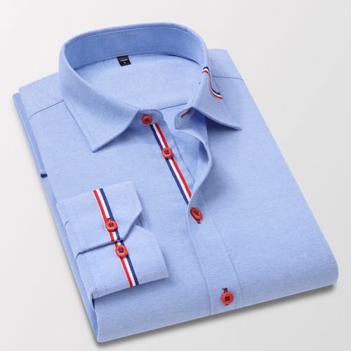 Quality Men's Long Sleeve Oxford Striped Casual Shirt Front Patch Regular-fit Button down Collar Thick Work Shirts 5