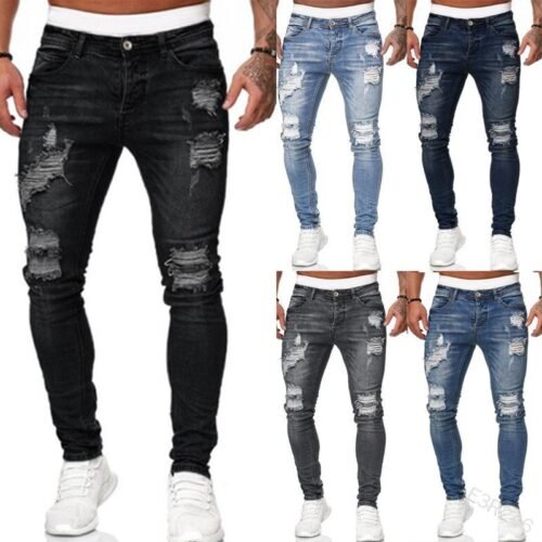 Mens Ripped Skinny Jeans Blue Slim Fit Hole Pencil Pants Casual Biker Trousers Streetwear 2021 High Quality Denim Man Clothing 5