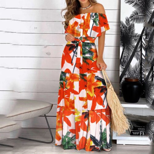 2021 New Fashion Leopard Robe Print Long Dress Ruffle Maxi Sundress Bohemian Women Summer Sexy Casual Elegant Strapless Vestidos 4