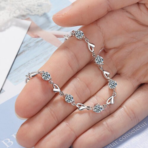 Delicate 925 Sterling Silver Zircon Love Heart Shaped Bracelets For Women Valentines Gift Wedding Jewelry 5