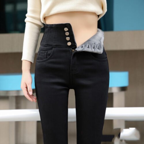 streetwear High Waist thickening skinny denim pants women plus size warm stretch Pencil jeans Mom's slim waist velvet jeans 1