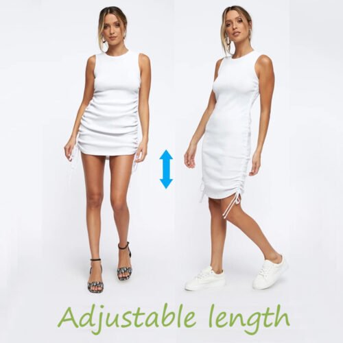 Women Ribbed Elastic Mini Dress Ruched Drawstring Adjustable Length Vestidos Sexy Party O-Neck Summer Bodycon Club Wear 4