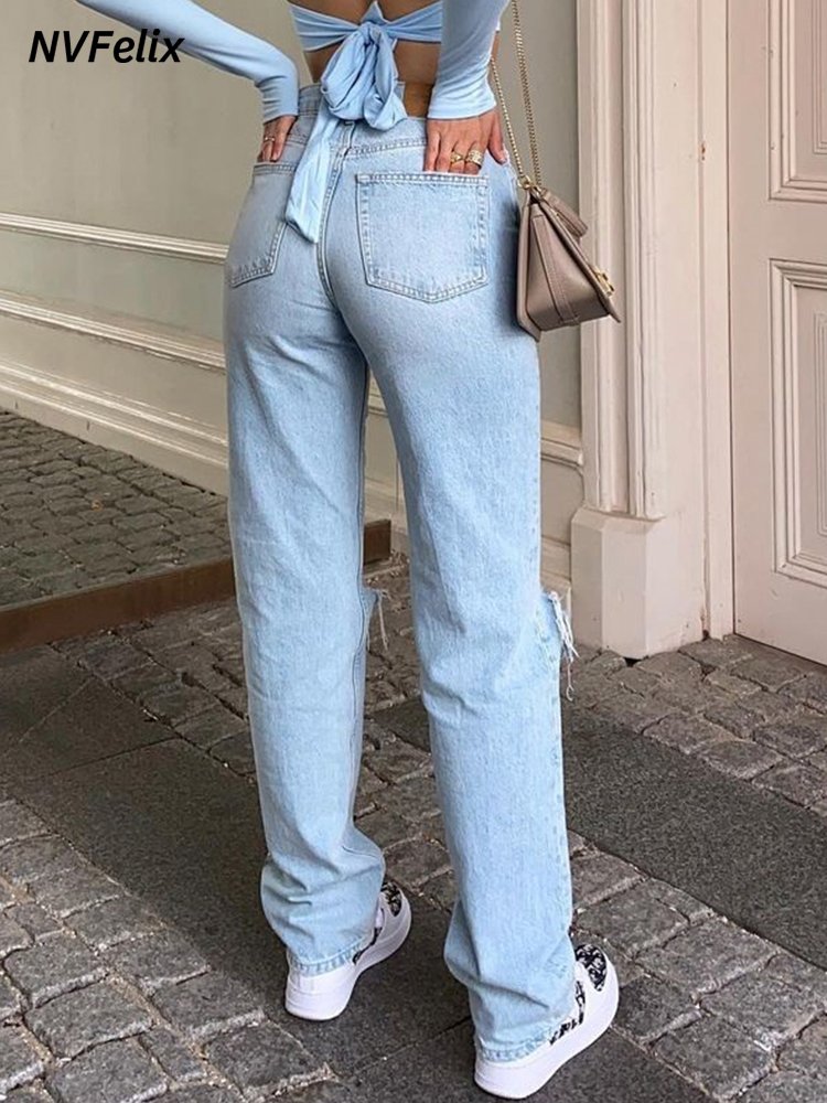 Womens Loose Fit Jeans 2022 Ripped Wide Leg For Women High Waist Blue Wash Casual Cotton Denim Trousers Summer Baggy Jean Pants 2