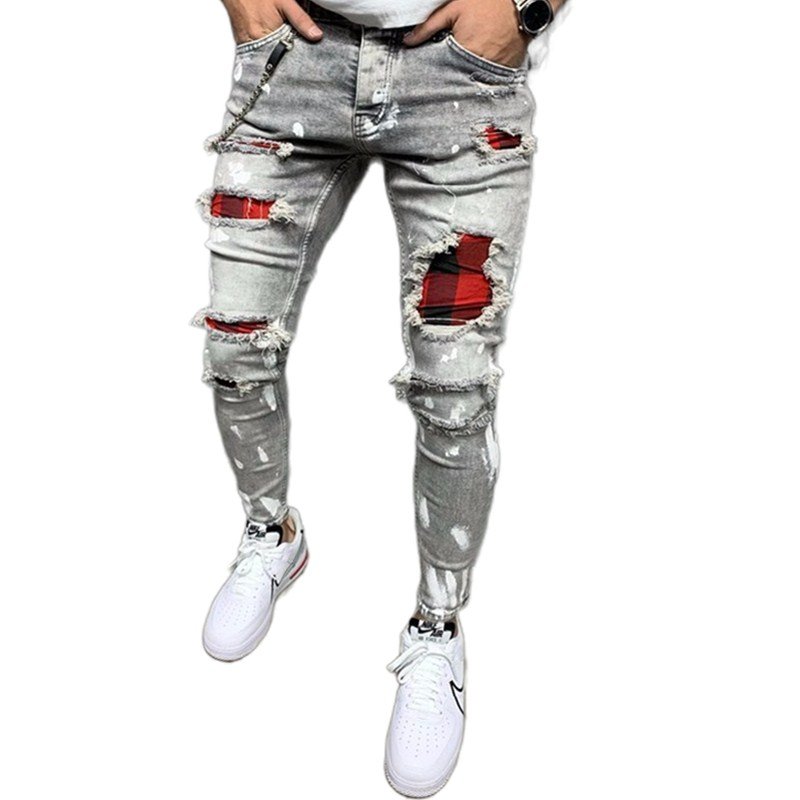 Men's Quilted Embroidered jeans Skinny Jeans Ripped Grid Stretch Denim Pants MAN Elastic Waist Patchwork Jogging Denim Trousers 2