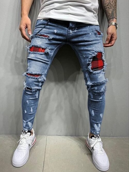 Men's Quilted Embroidered jeans Skinny Jeans Ripped Grid Stretch Denim Pants MAN Elastic Waist Patchwork Jogging Denim Trousers 4