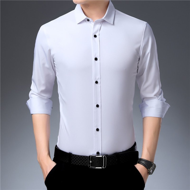 Anti-Wrinkle No-Ironing Elasticity Slim Fit Men Dress Casual Long Sleeved Shirt White Black Blue Red Male Social Formal Shirts 2