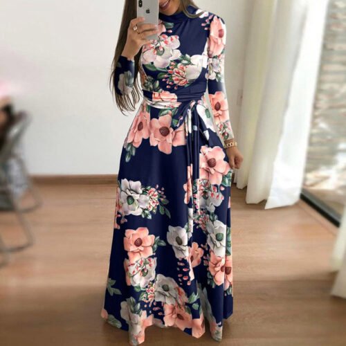 Plus Size Autumn And Winter Women's New Style 2021 Dress Print Street Long-sleeved High-neck Tie Long Casual 5