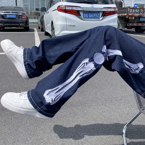 Straight Jean Pants Man Skeleton Embroidery  Mopping Trousers Mens Streetwear Denim Pants Men's Clothing Jeans for Men Man Baggy 3