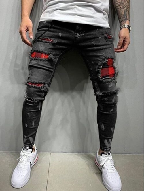 Men's Quilted Embroidered jeans Skinny Jeans Ripped Grid Stretch Denim Pants MAN Elastic Waist Patchwork Jogging Denim Trousers 5