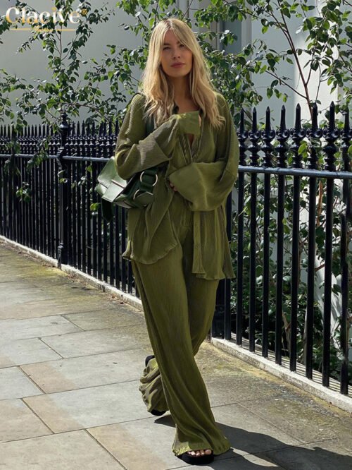 Clacive Elegant Green Pants Set Women Autumn Long Sleeve Blouses Matching Wide Trousers Suit Loose Shirts Two Piece Pant Set 1