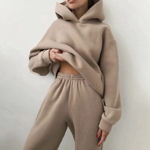 Women Fleece Two Piece Sets Elegant Solid Color Oversized Warm Hoodies and Long Pant Sports Suit Autumn Winter Tracksuit 2021 1