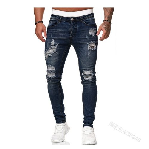 Mens Ripped Skinny Jeans Blue Slim Fit Hole Pencil Pants Biker Casual Trousers Streetwear 2020 High Quality Denim Man Clothing 4