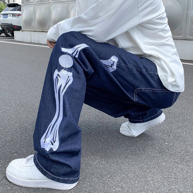 Straight Jean Pants Man Skeleton Embroidery  Mopping Trousers Mens Streetwear Denim Pants Men's Clothing Jeans for Men Man Baggy 1