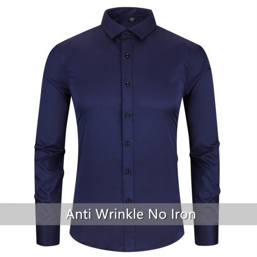 Anti-Wrinkle No-Ironing Elasticity Slim Fit Men Dress Casual Long Sleeved Shirt White Black Blue Red Male Social Formal Shirts 3