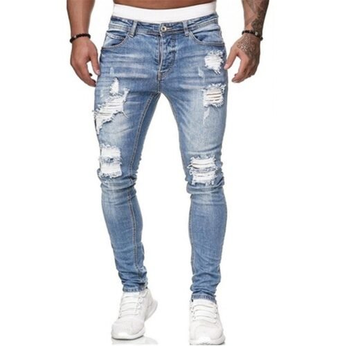 Mens Ripped Skinny Jeans Blue Slim Fit Hole Pencil Pants Casual Biker Trousers Streetwear 2021 High Quality Denim Man Clothing 4