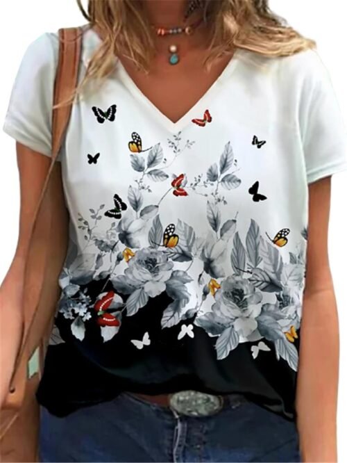 Women Fashion T-Shirts Summer Short Sleeve Casual Tops Butterfly High Street Tee 5XL Plus Size Women Clothing Loose T-Shirt 1