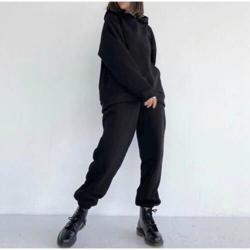 Women Fleece Two Piece Sets Elegant Solid Color Oversized Warm Hoodies and Long Pant Sports Suit Autumn Winter Tracksuit 2021 6