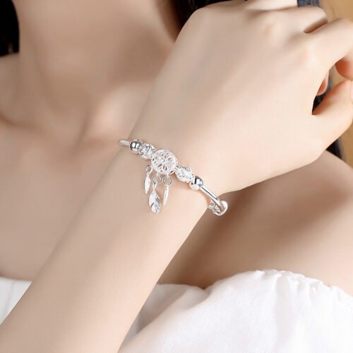 Adjustable 925 Sterling Silver Dreamcatcher Tassel Feather Round Bead Charm Bracelet &Bangle For Women Elegant Jewelry sl209 5