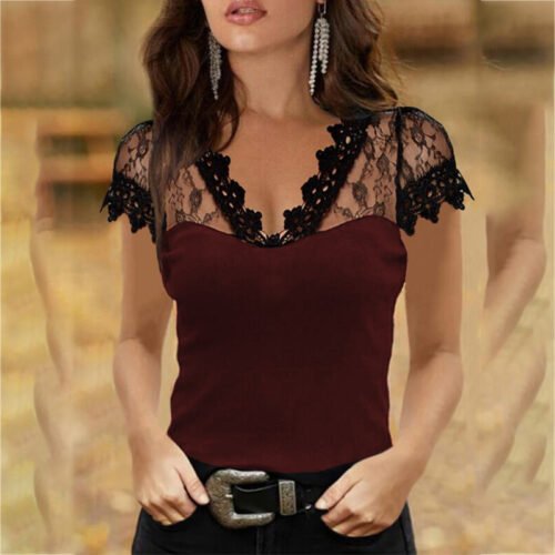 Plus Size 5XL Casual V-neck Lace Short Sleeve T-shirt for Women Spring Winter Clothes Y2K Sexy Solid Tee Shirt Office Lady Top 2