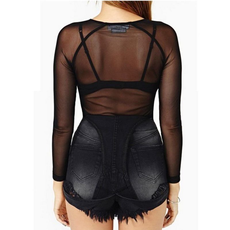 Hot New 2021 Spring Summer Womens Long Sleeve Sexy Black Mesh Top T Shirts Transparent Punk Club Streetwear Tees Beach Tops 2