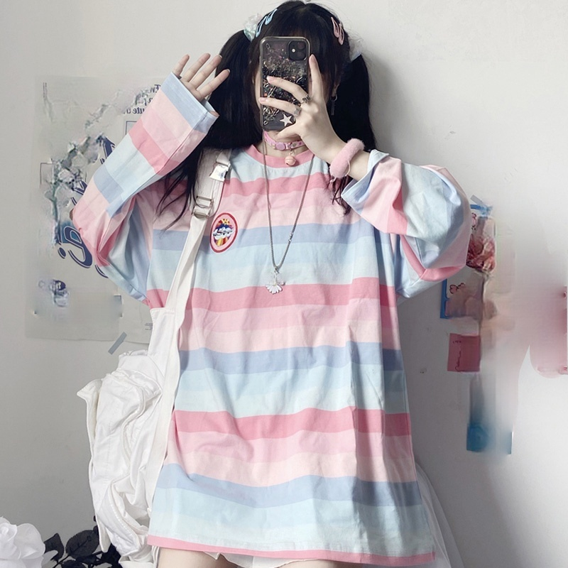 harajuku Long Sleeve T Shirt girl Christmas Topspring autumn embroidery stripe Tops Tees Women full Sleeve T-shirt Casual Female 2