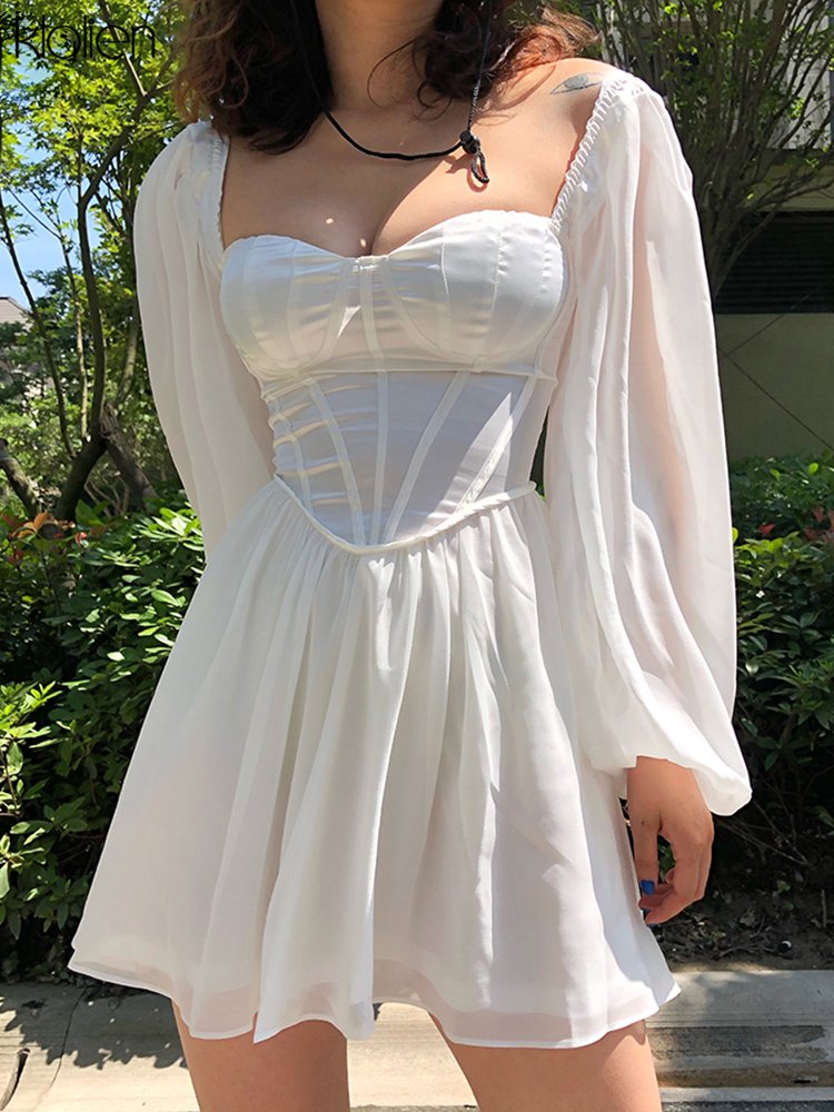 KLALIEN Women Fashion Elegant High Waist Slim Solid White Office Lady A-Line Mini Dress 2022 Spring Autumn New Women Party Dress 2