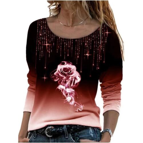 Women Fashion T-Shirt Oversize Long Sleeve O-Neck Printed Shirts Autumn Winter Casual Tops Plus Size 4