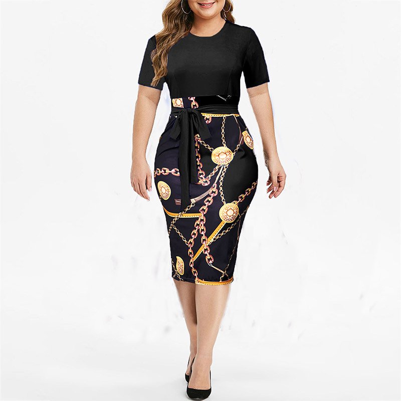 Vintage Print Plus Size Knee-length Dress Womens Summer Short Sleeve Midi Elegant Dresses Summer Sexy High Waist Robe 2021 2