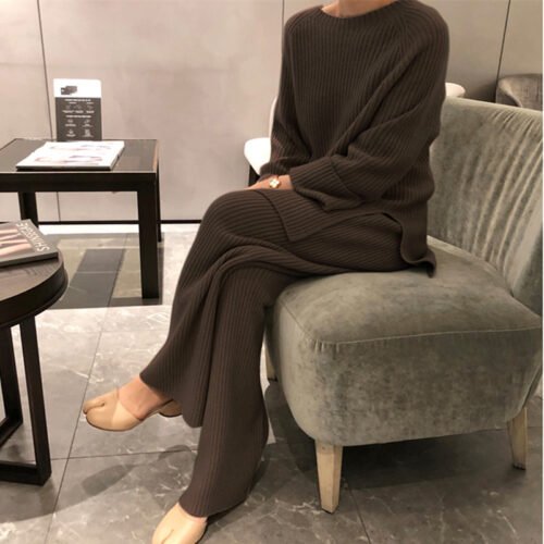 REALEFT 2021 Autumn Winter 2 Pieces Women Sets Knitted Tracksuit O-Neck Split Sweater and Wide Leg Jogging Pants Pullover Suits 2