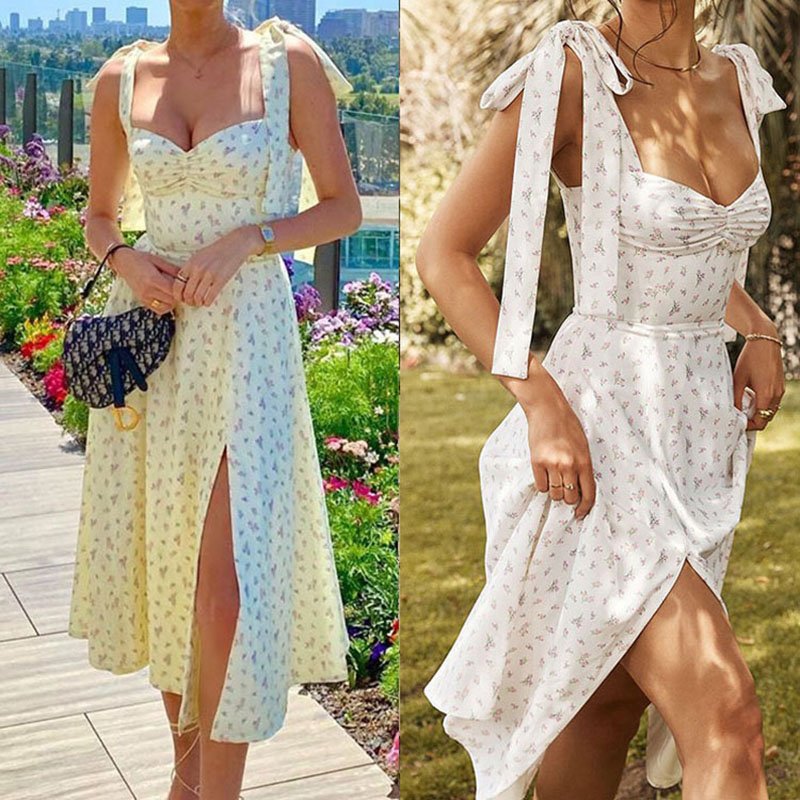 Summer Spring Floral Dress Women's Sexy Casual Fashion Sundress Midi Slip Backless Pleated Slit White Yellow Lace-up Flowers 2