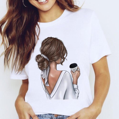 Women Graphic Coffee Sweet Girl Cartoon  Short Sleeve Spring Summer Lady Clothes Tops Clothing Tees Print Female Tshirt T-Shirt 1