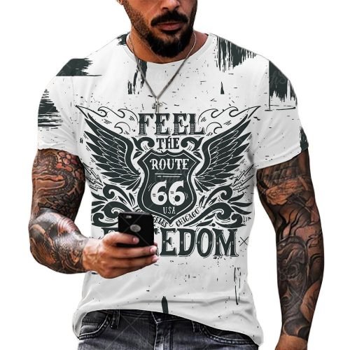 Summer New Mens T Shirts Oversized Loose Clothes Vintage Short Sleeve Fashion America Route 66 Letters Printed O Collared Tshirt 3