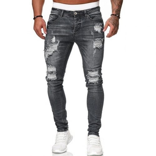 Mens Ripped Skinny Jeans Blue Slim Fit Hole Pencil Pants Biker Casual Trousers Streetwear 2020 High Quality Denim Man Clothing 5