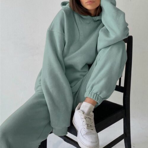 Women Fleece Two Piece Sets Elegant Solid Color Oversized Warm Hoodies and Long Pant Sports Suit Autumn Winter Tracksuit 2021 2