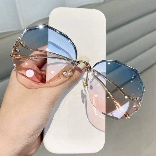 2022  Fashion Tea Gradient Sunglasses Women Ocean Water Cut Trimmed Lens Metal Curved Temples Sun Glasses Female UV400 6