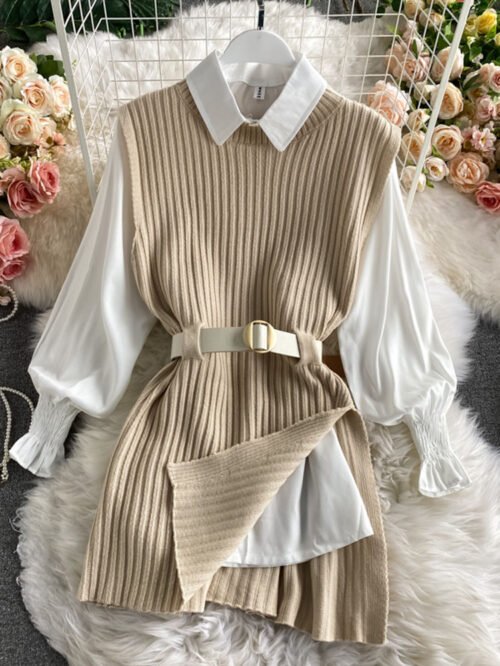 spring autumn women's lantern sleeve shirt knitted vest two piece sets of College style waistband vest two sets top UK900 1