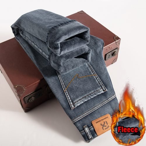 Winter New Men Fleece Warm Jeans Classic Style Business Casual Regular Fit Thicken Stretch Denim Pants Male Brand Trousers 4