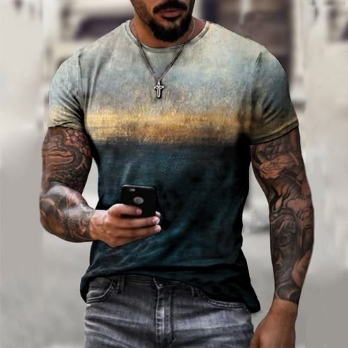 Retro classic European and American style short-sleeved street trend men's casual solid color printing T-shirt round neck top 2